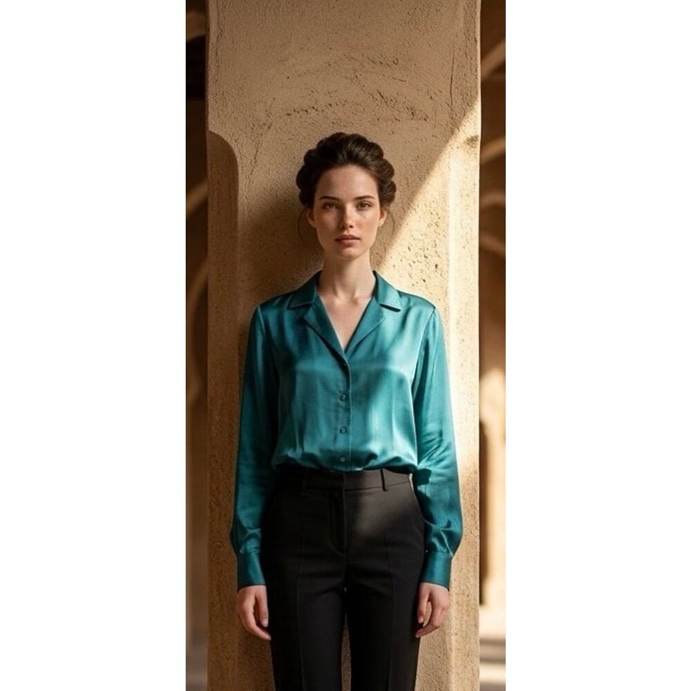 100% silk Willow Ridge blouse in stunning teal color size medium Quiet Luxury
